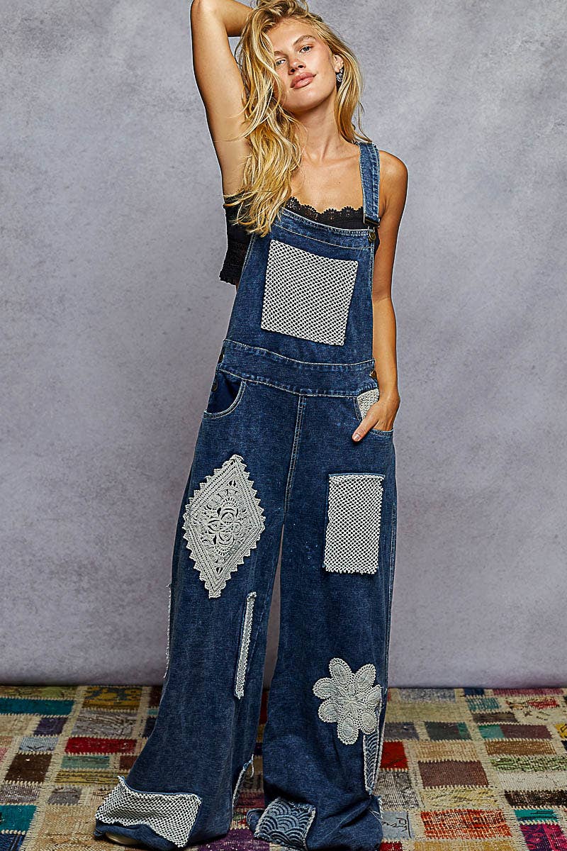 Crochet Contrast Patch Detail Chest Pocket Woven Overalls