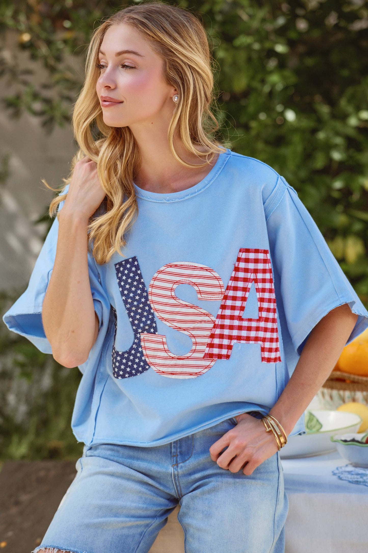BIG USA LETTER PATCH OVERSIZED 4TH OF JULY KNIT TOP