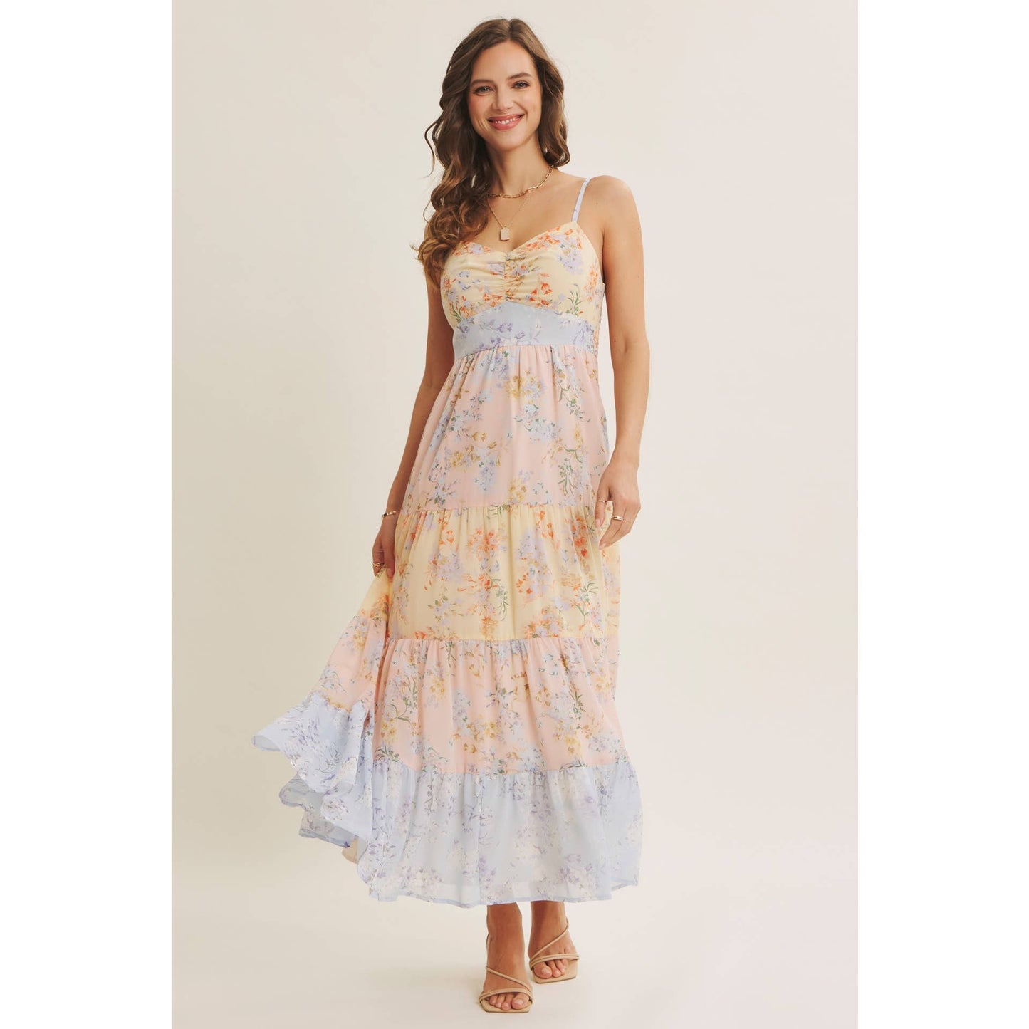 GARDEN PARTY PASTEL FLORAL COLORBLOCK SMOCKED MAXI DRESS