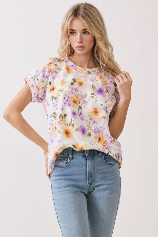 Floral Ribbed Short Sleeve Knit Top