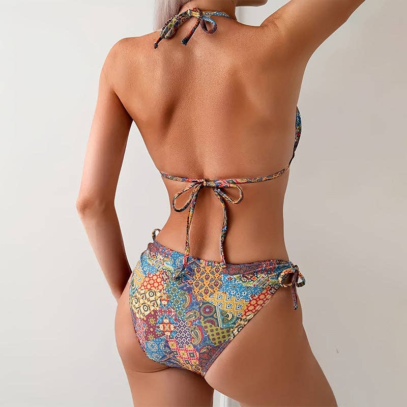 Sexy Halter Colorful Print Drawstring Bikini Set (Sold as Separates)