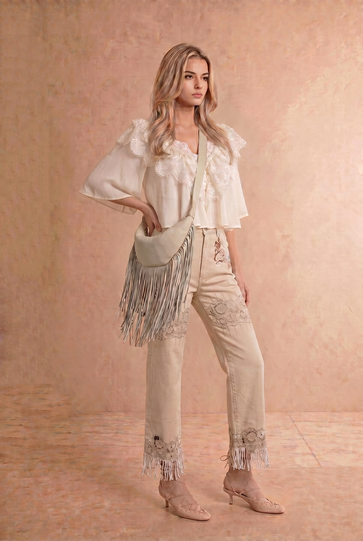 Chiffon Lace Shoulder Cape Like Crop Blouse Top