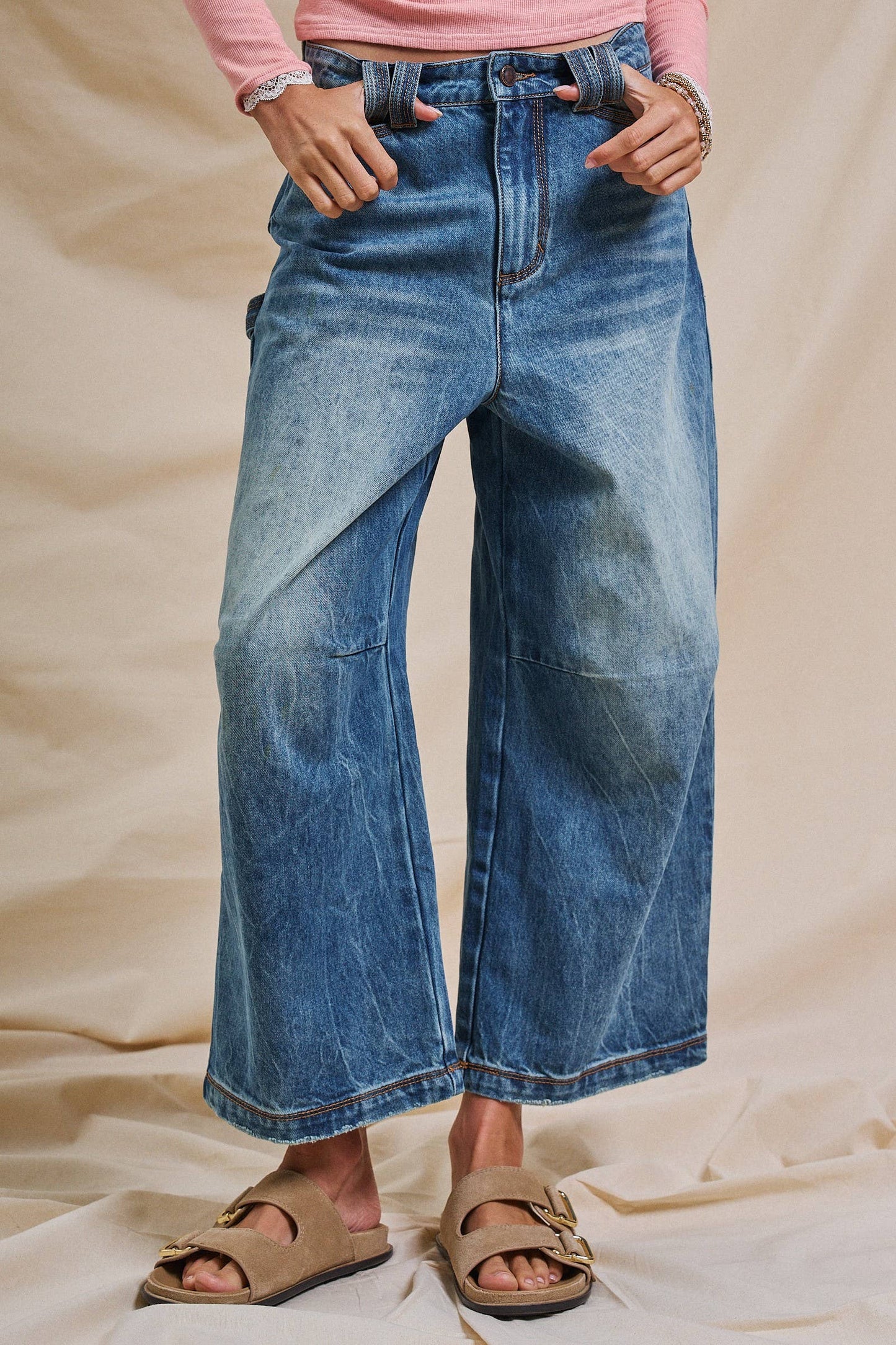 Vintage Wash Cropped Wide-Leg Jeans