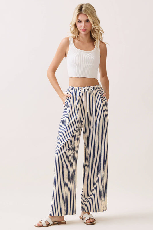 Striped Wide-Leg Drawstring Pants