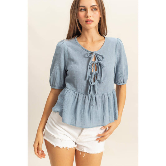 Puff Sleeve Ribbon Tie Peplum Blouse