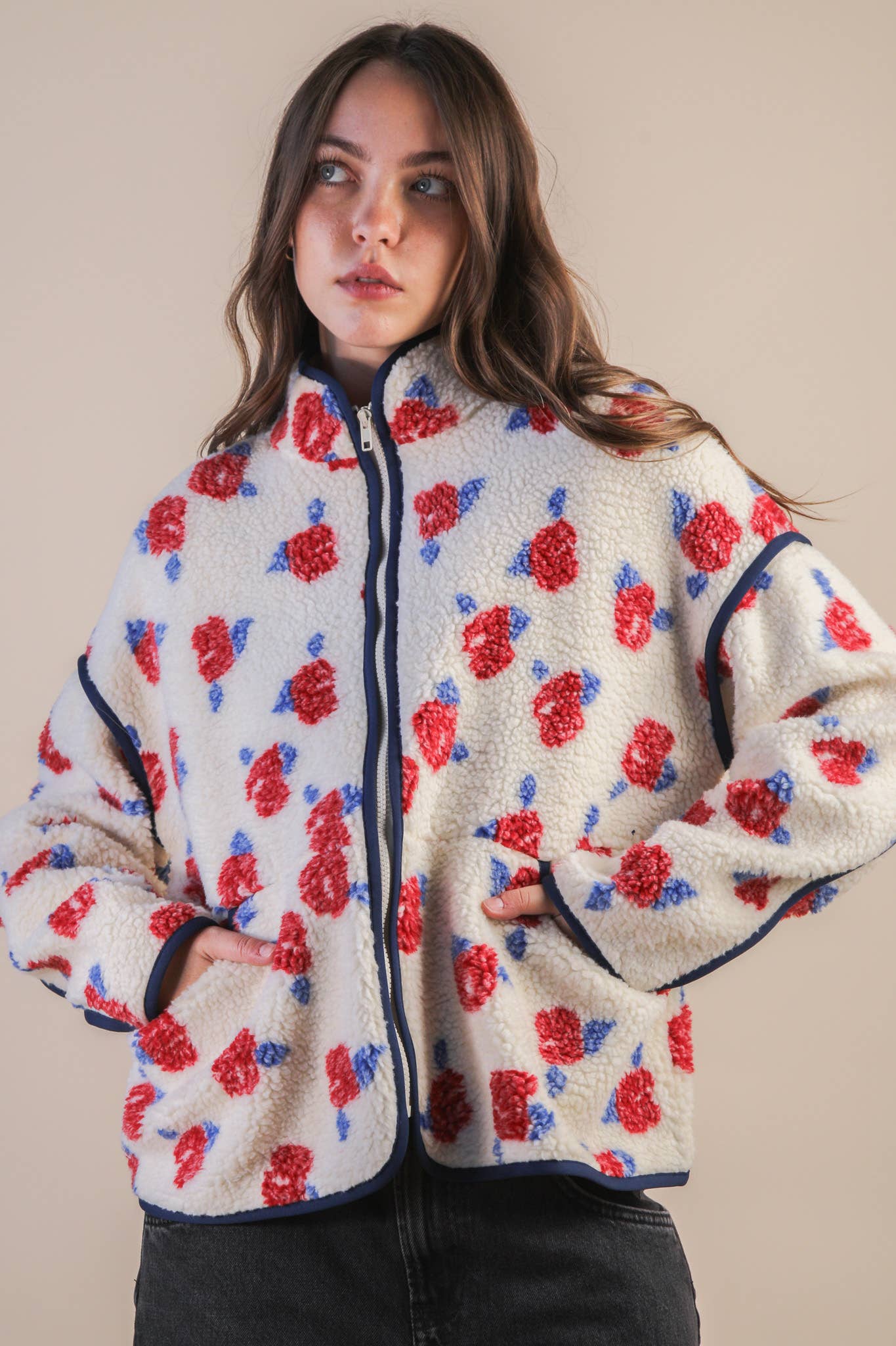 Oversized Floral Printed Fleece Sherpa Jacket