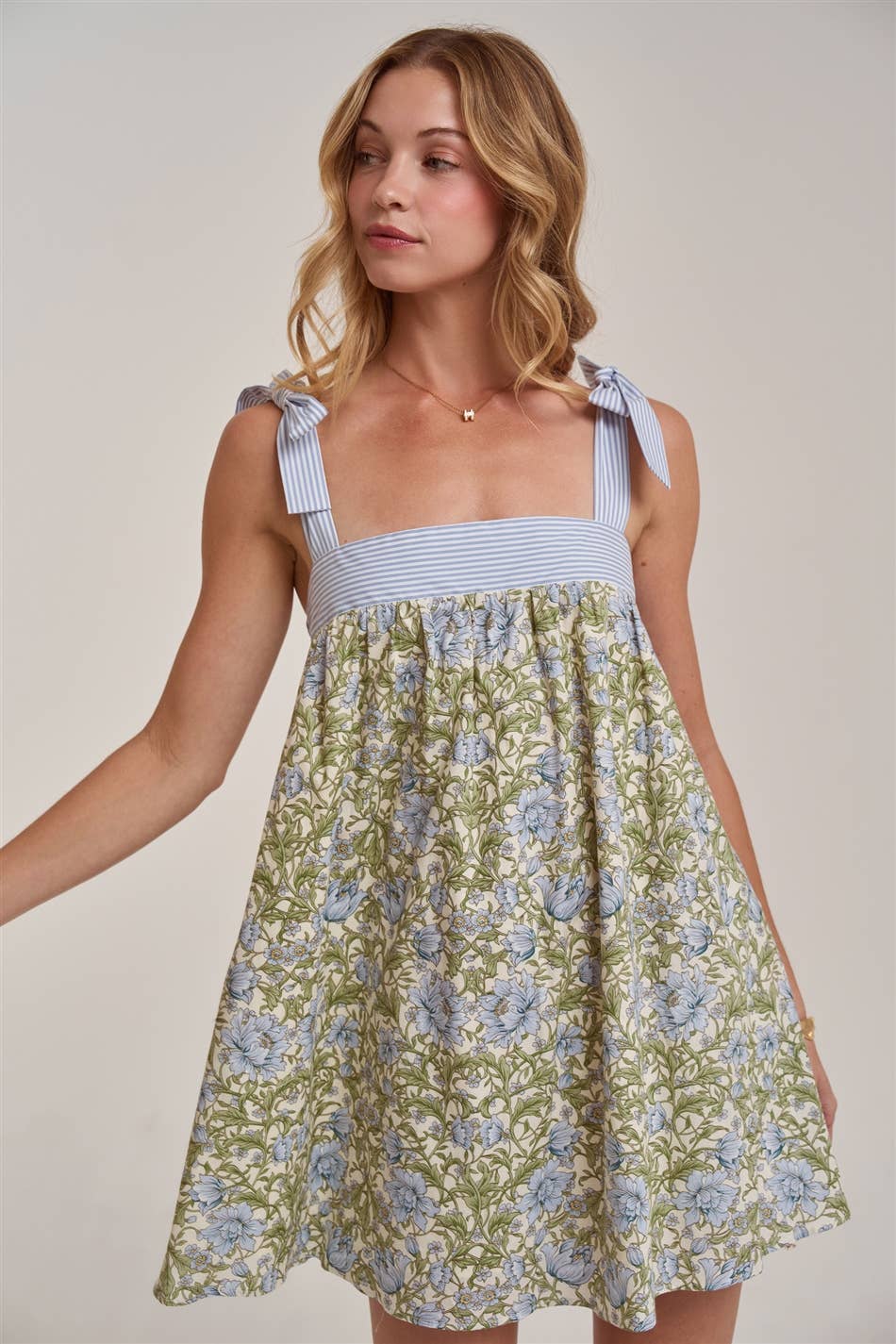 FLORAL BABYDOLL A LINE MINI DRESS WITH STRIPE TIE STRAP
