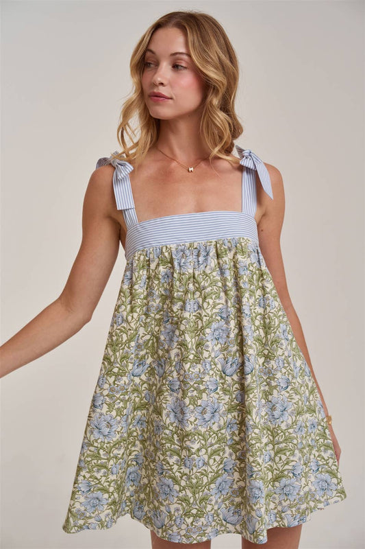 FLORAL BABYDOLL A LINE MINI DRESS WITH STRIPE TIE STRAP