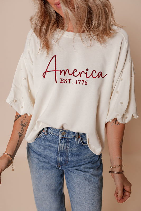 America EST 1776 Embroidered Pearl Beaded Sleeve T Shirt