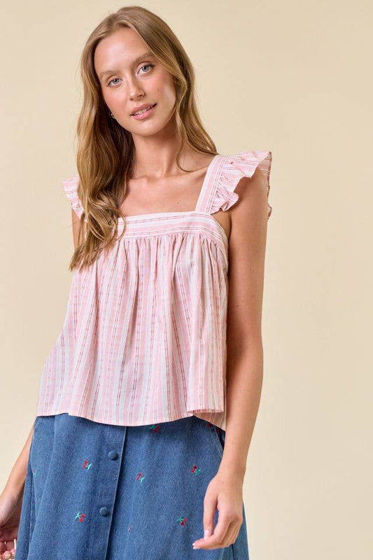 Striped Ruffle Cap Sleeve Top W/ Tie Back Detail