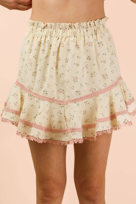Floral Printed Ruffled Shorts W/ Crochet Trim