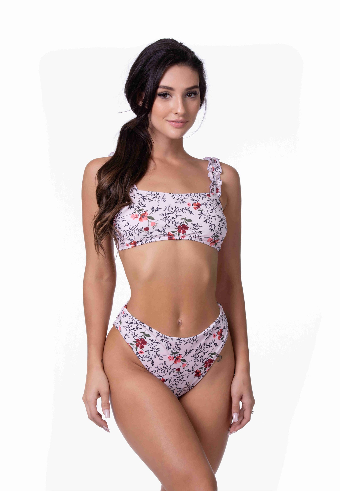 FLORAL RUFFLED STRAP HIGH WAIST BIKINI SET (Sold as Separates)