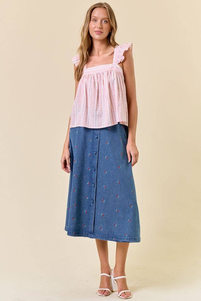 Striped Ruffle Cap Sleeve Top W/ Tie Back Detail