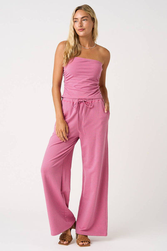 STRIPED PRINT SMOCKED BACK TUBE TOP AND PANTS SET