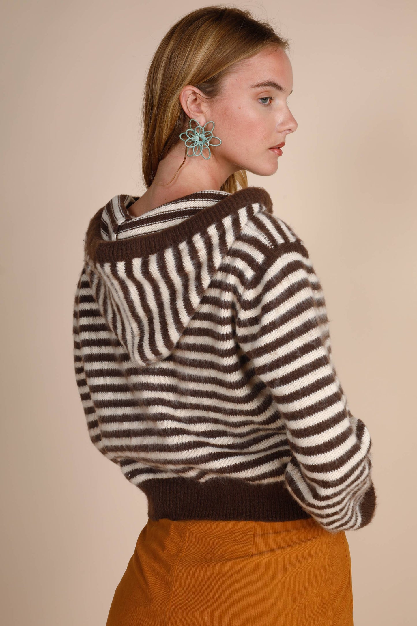 STRIPED BUTTON DOWN HOODIE BOW TIE FRONT SWEATER