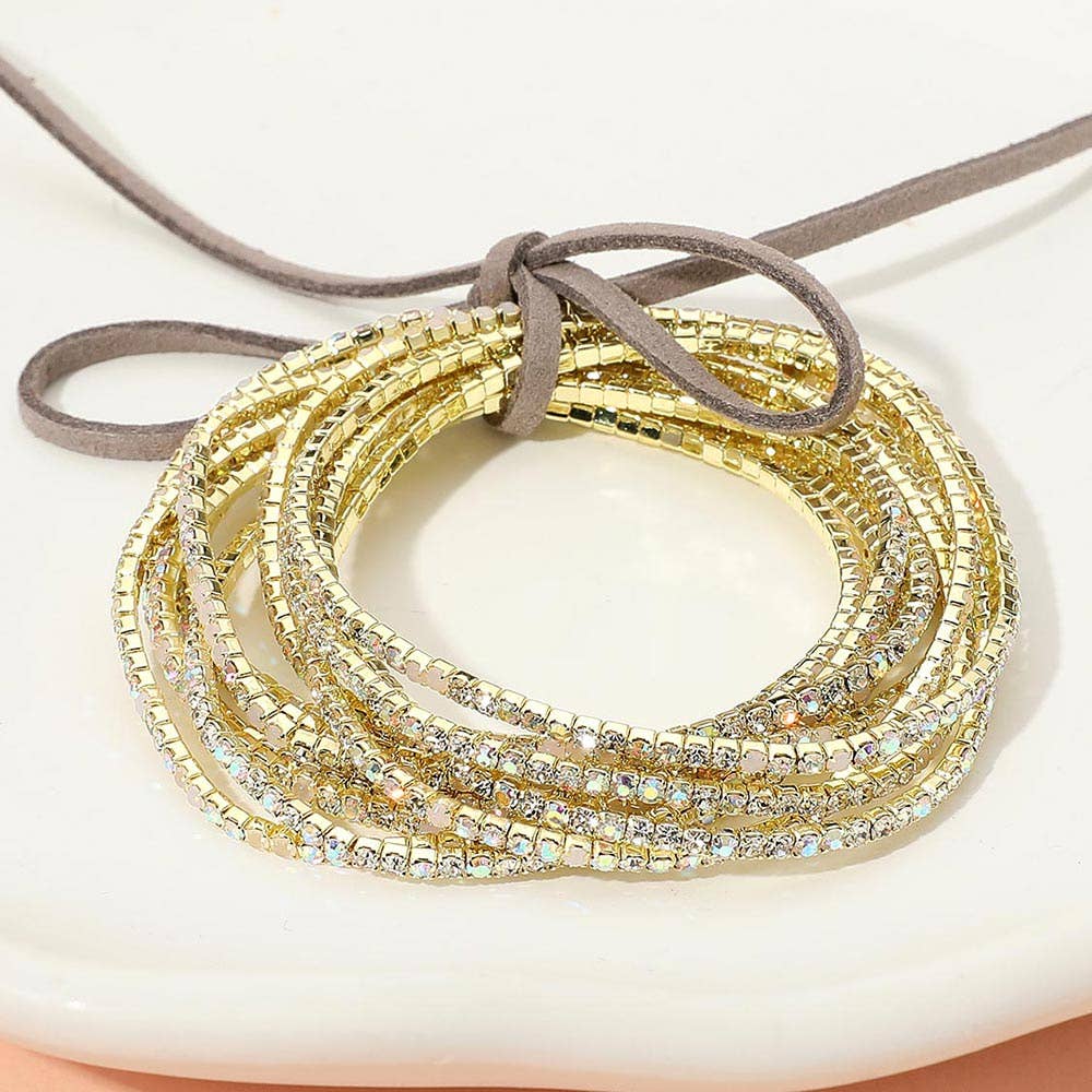 12PCS - Ribbon Pearl Rhinestone Layered Stretch Bracelets