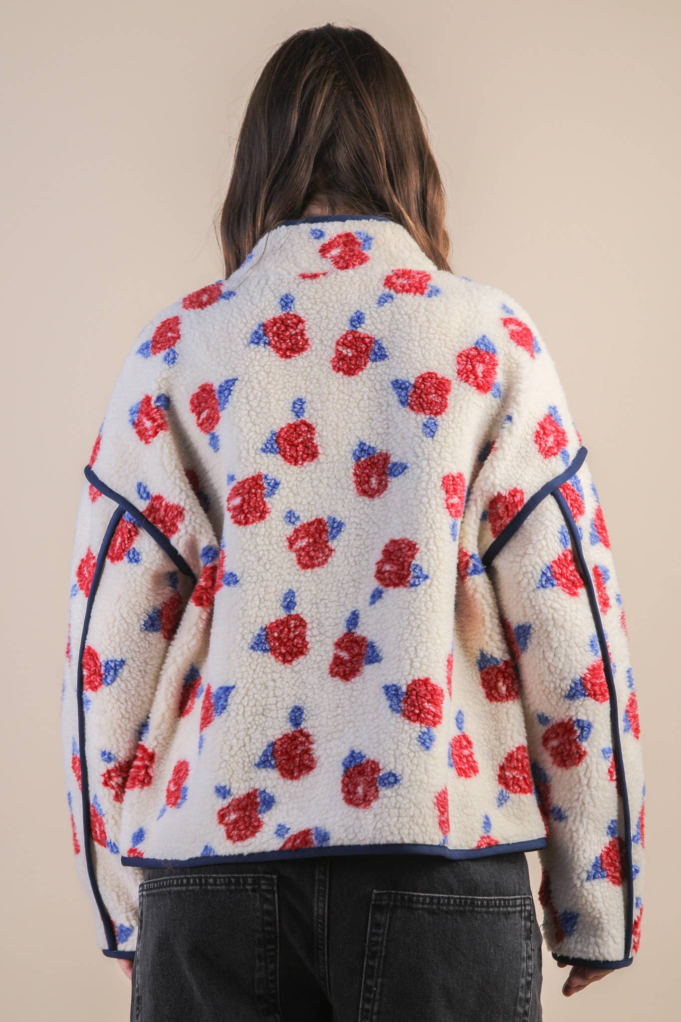 Oversized Floral Printed Fleece Sherpa Jacket