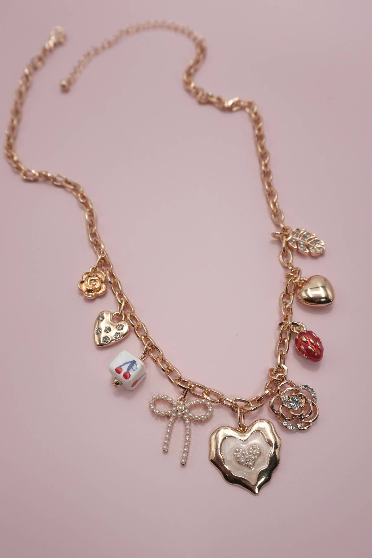 CHARM NECKLACE-CHERRY BOW STRAWBERRY FLOWER HEART
