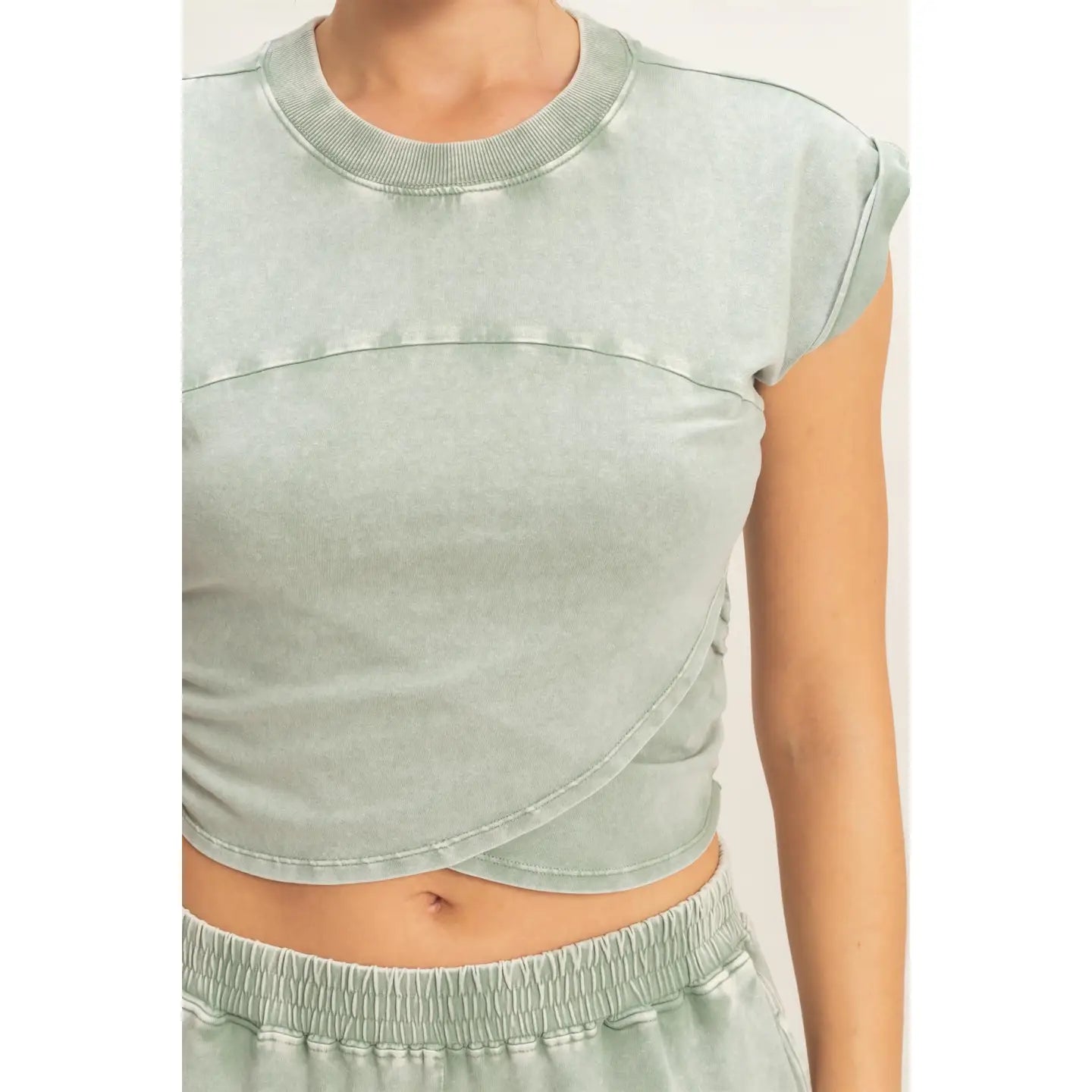 Rolled Sleeve Wrap-Front Crop Top And Jogger Set (Sold As Separates)