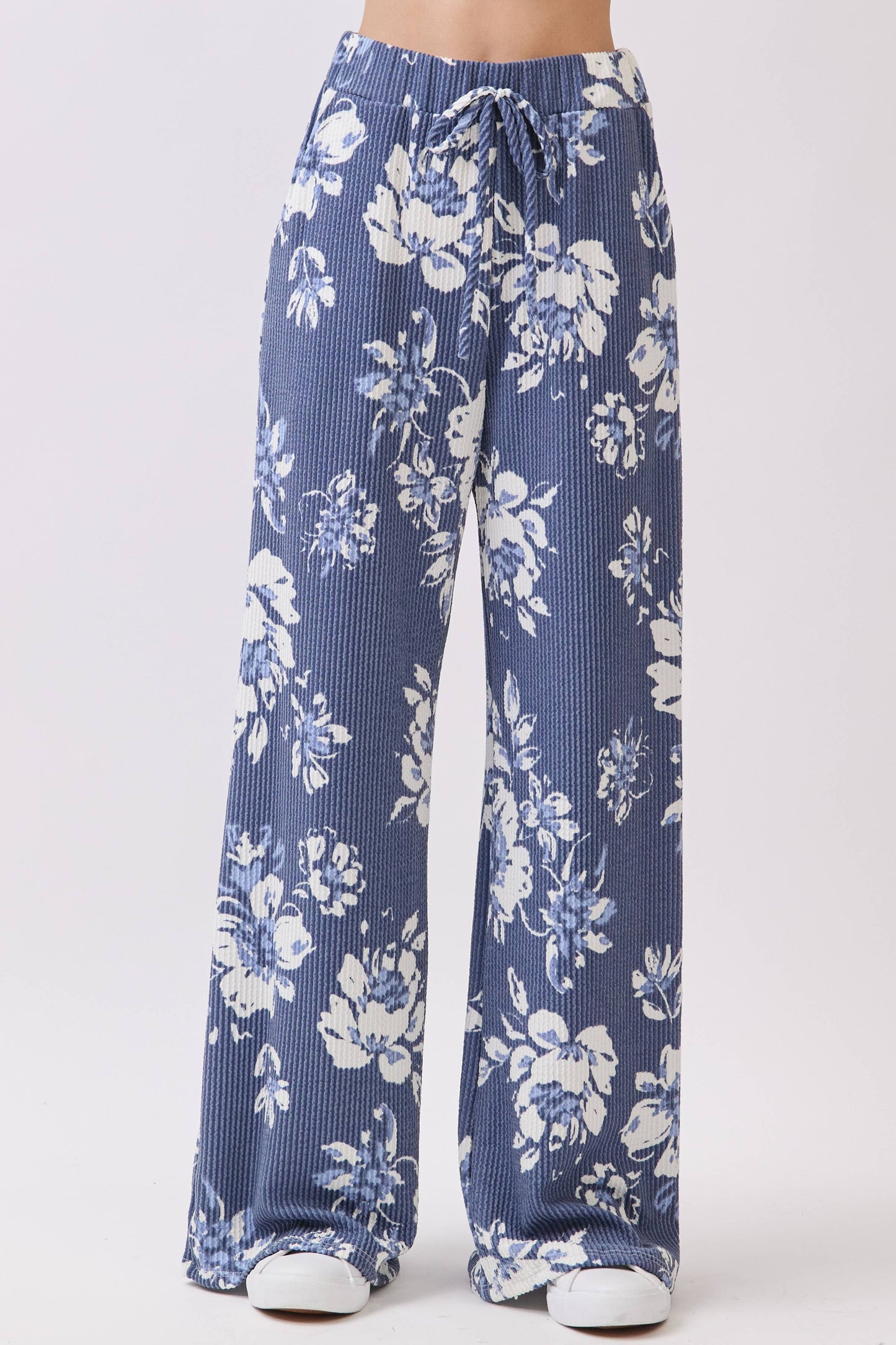 Floral Print Rib Knit Wide-Leg Pants